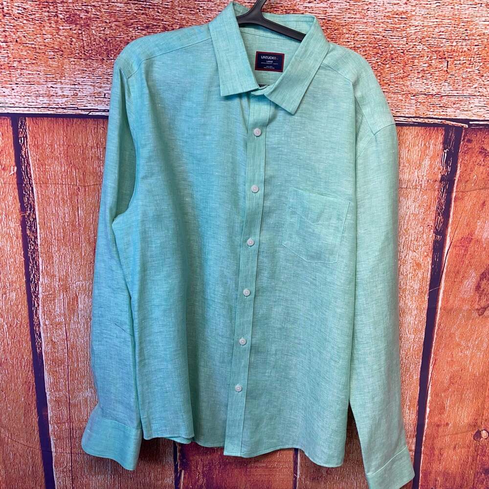 UNTUCKit Men's Large Slim Fit Long Sleeve 100% Linen Button-Up Shirt in Green - Picture 2 of 8